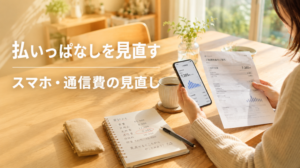 スマホと通信料金の明細を見ながら通信費の見直しを考えている様子を描いた扉1のキャッチ画像