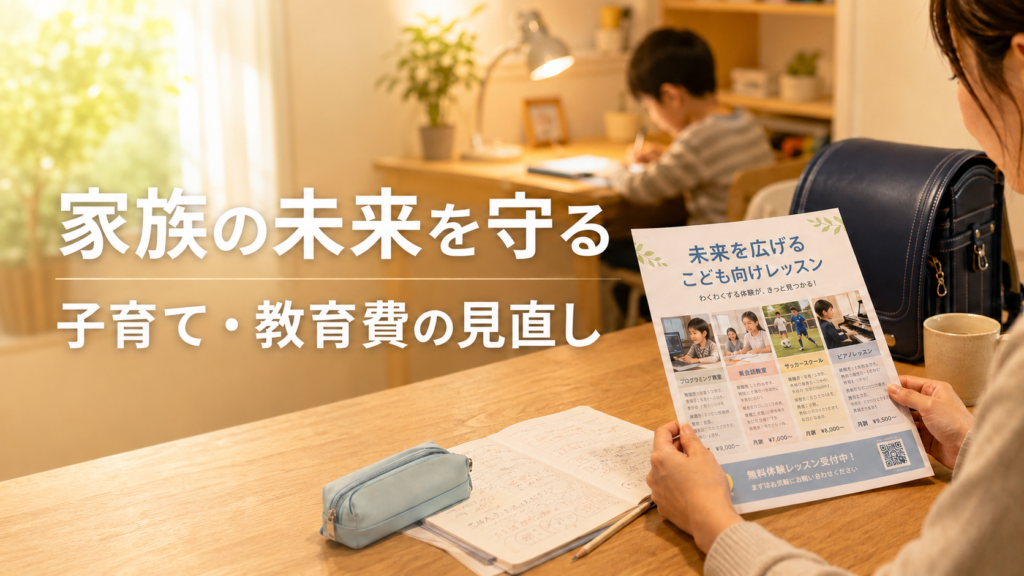習い事の案内プリントやランドセルを前に、子育てと教育費の見直しを考えている親子の様子を描いた扉3のキャッチ画像