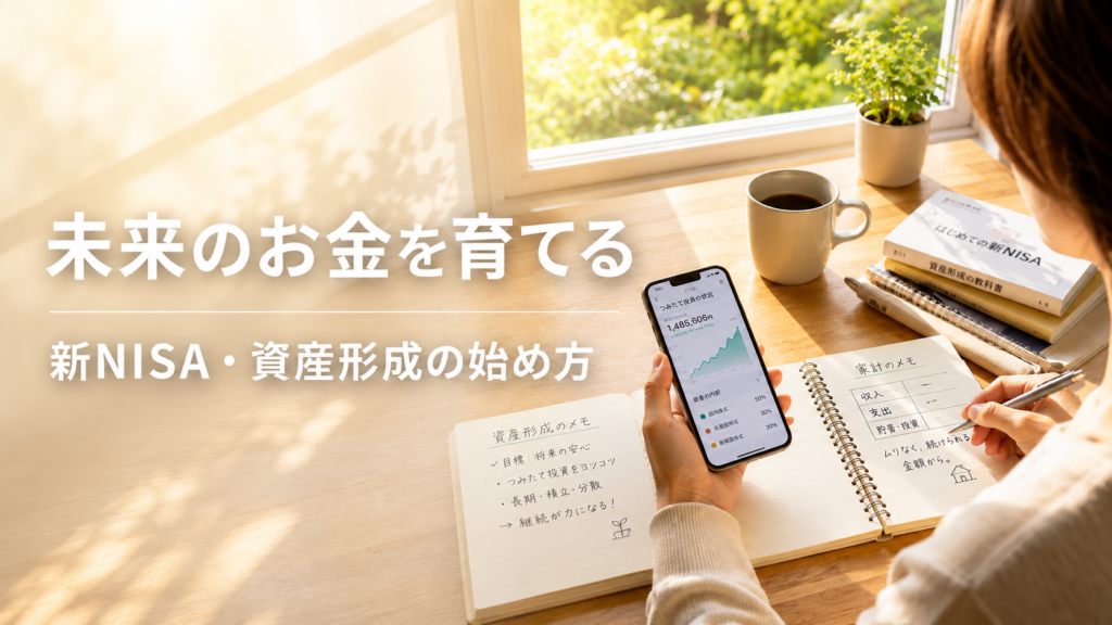 明るい窓際のデスクでノートやスマホを使いながら新NISAと資産形成を考えている様子を描いた扉4のキャッチ画像