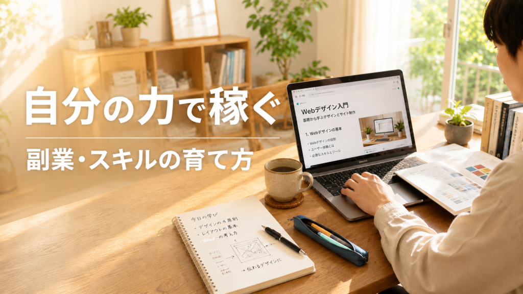 ノートパソコンや学習メモを前に、副業やスキル習得に取り組み始める様子を描いた扉5のキャッチ画像