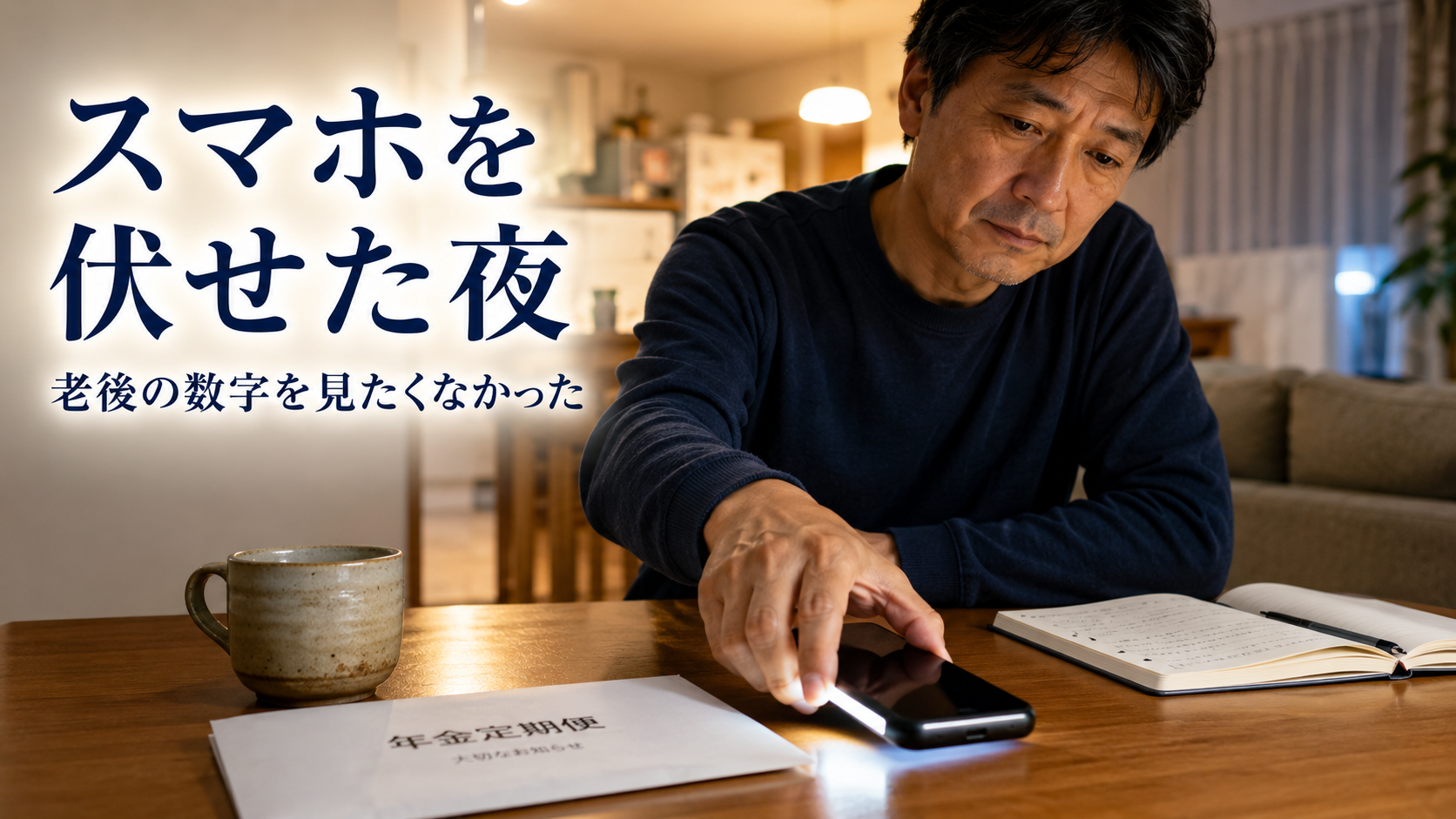 夜のリビングで老後のお金を調べたスマホ画面をそっと伏せる手元を写したアイキャッチ画像