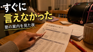 夜のダイニングテーブルで塾の案内プリントと月謝欄を見つめながら、すぐに返事ができない親の手元を写したアイキャッチ画像