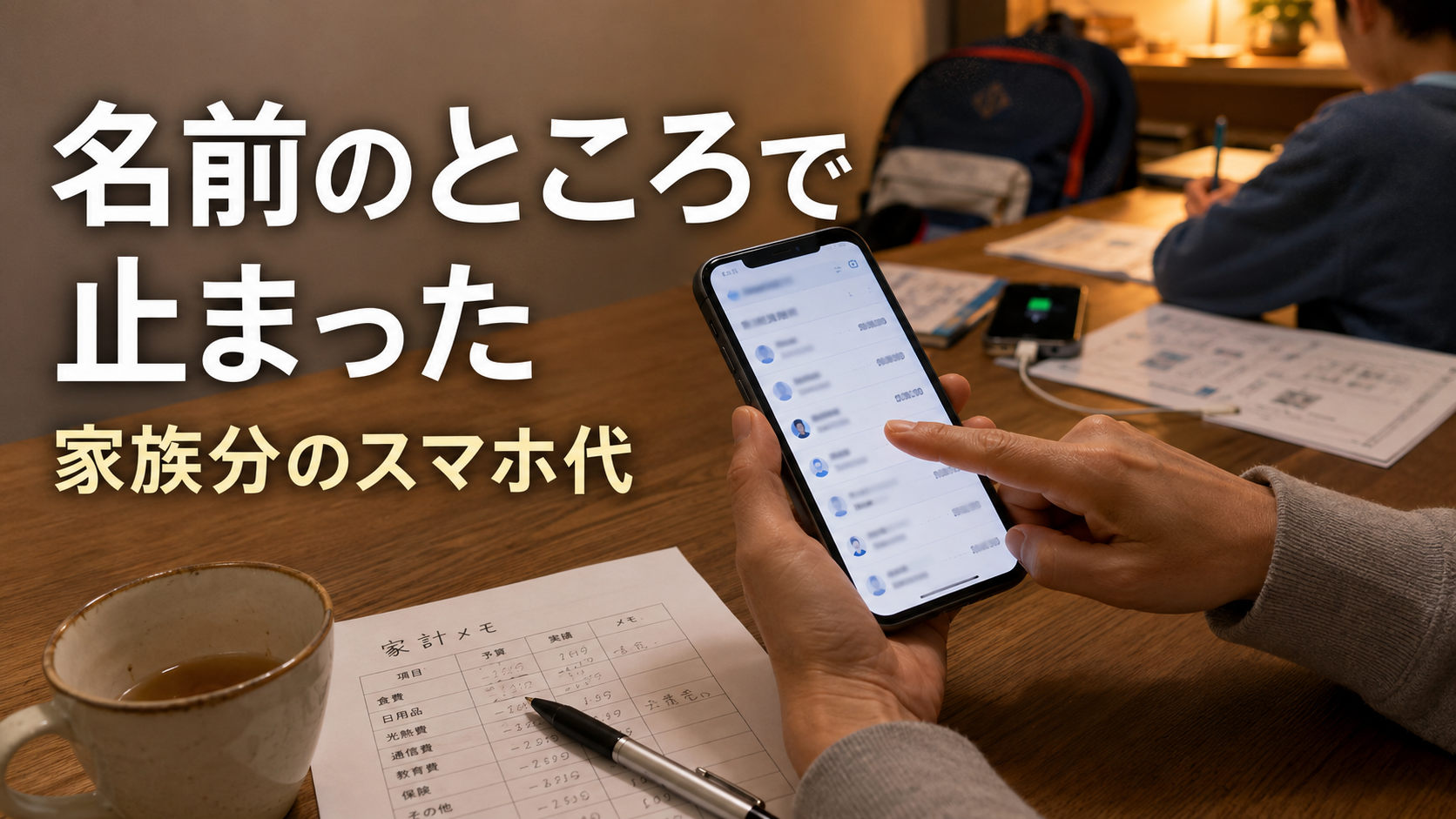 夜のテーブルで家族分のスマホ料金明細を見ながら子どもの名前のところで手が止まっている親の手元を写したアイキャッチ画像