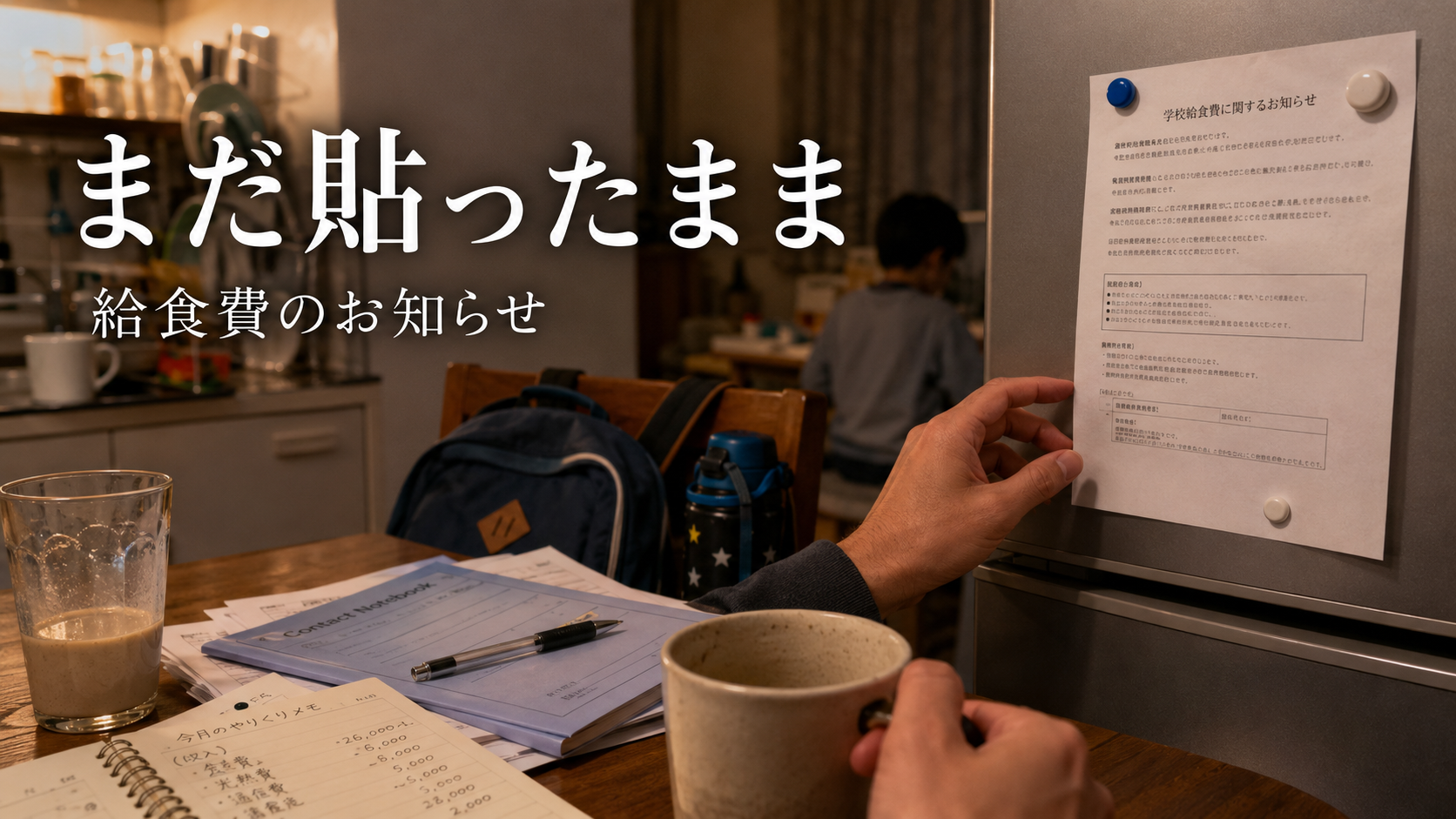 夜のキッチンで冷蔵庫に貼られた給食費のお知らせを見ながら、父親の手が止まっている様子を写したアイキャッチ画像