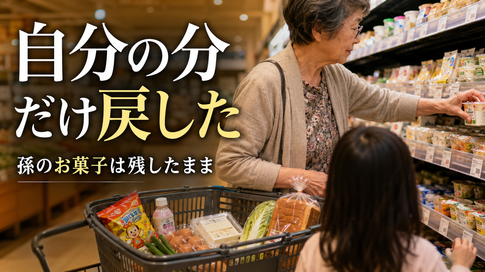 夕方のスーパーで買い物カゴに孫のお菓子を残したまま、自分用の商品を棚に戻そうとしている祖母の手元を写したアイキャッチ画像