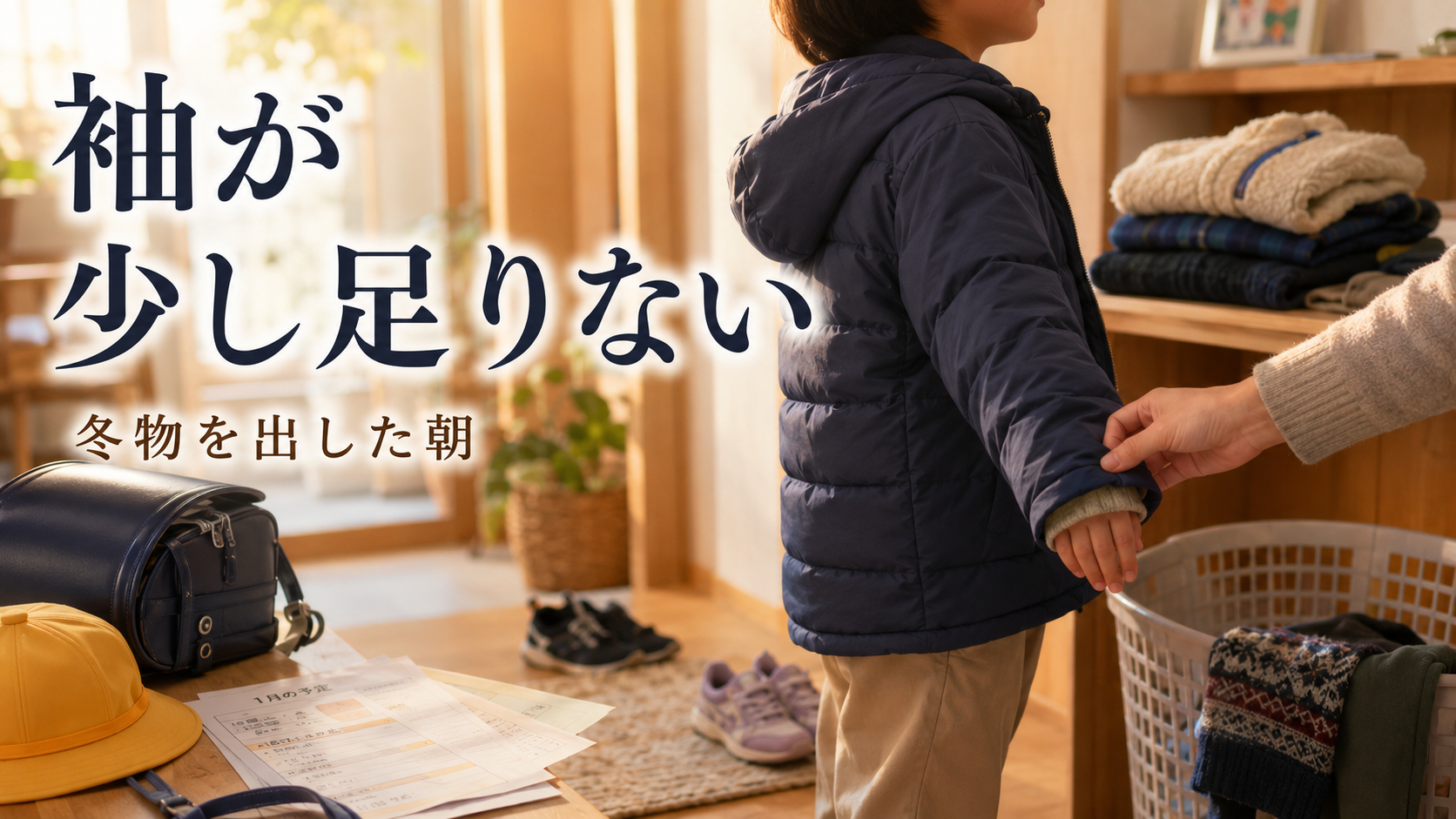 冬物の上着を着た子どもの袖を母親がそっと引っぱって長さを確認している玄関の様子を写したアイキャッチ画像