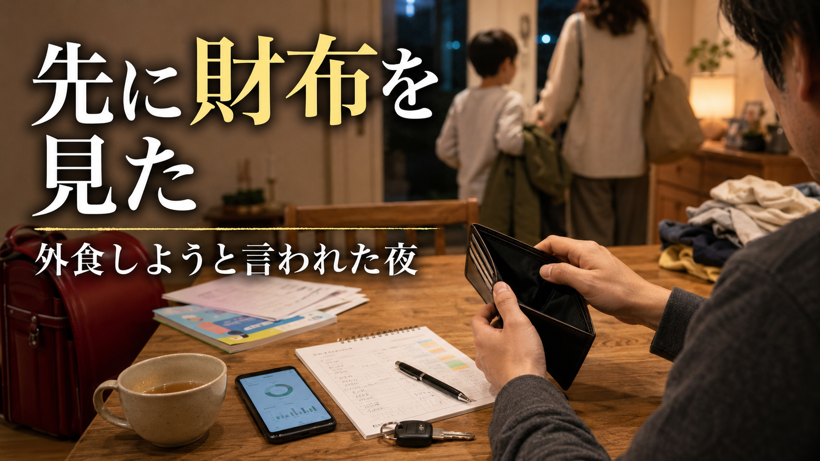 夜のリビングで家族に外食しようと言われたあと、財布を開いて手が止まっている夫の手元を写したアイキャッチ画像